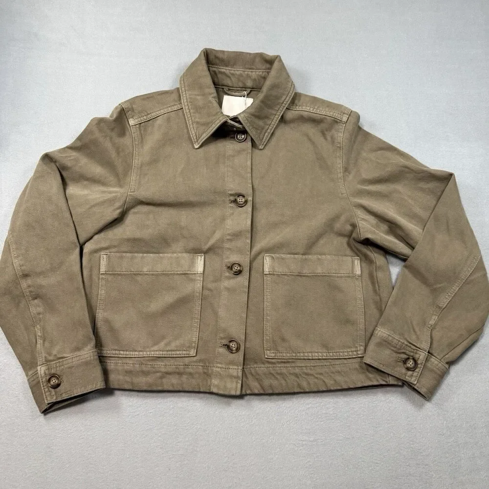 H&M Women’s Cropped Oversized Jacket Sz S Olive Khaki Twill Cotton Workwear NWT